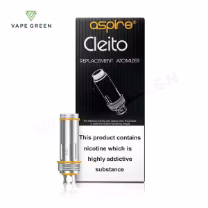 Aspire Cleito Replacement Coils - cylindrical silver coil with orange accents, next to a black and white box showing a diagram.