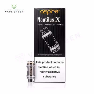 Aspire Nautilus X Replacement Coils, boxed with a single coil visible. Black and gold packaging, silver coil.