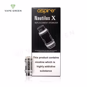 Aspire Nautilus X Replacement Coils, boxed with a single coil visible. Black and gold packaging, silver coil.