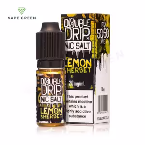 Lemon Sherbet Nic Salt E-Liquid by Double Drip - Clear bottle with yellow liquid, yellow and black box. 20mg/ml, 10ml.