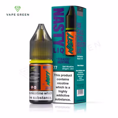 Tobacco Menthol Nic Salt E-Liquid by Nasty Liq 10ml bottle with a tobacco leaf and icy menthol illustration.