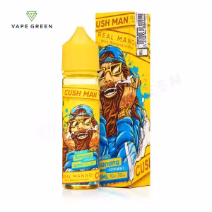 Mango Banana Cush Man Shortfill E-Liquid by Nasty Juice 50ml - Yellow bottle & box, features a bearded man illustration, mango &
