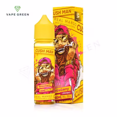 Mango Strawberry Cush Man Shortfill E-Liquid by Nasty Juice 50ml - Yellow bottle, box with Cush Man character, mango and strawbe