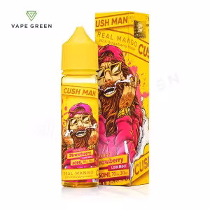 Mango Strawberry Cush Man Shortfill E-Liquid by Nasty Juice 50ml - Yellow bottle, box with Cush Man character, mango and strawbe
