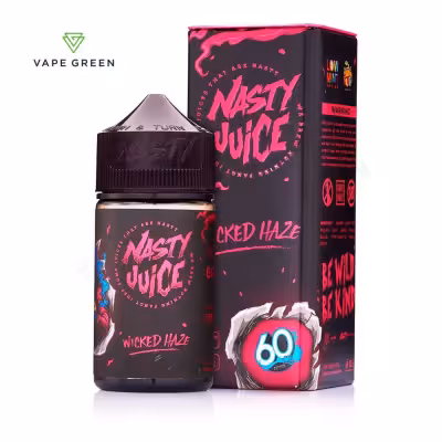 Wicked Haze Shortfill E-Liquid by Nasty Juice 50ml - Black and pink e-liquid bottle and box, "Wicked Haze" branding.