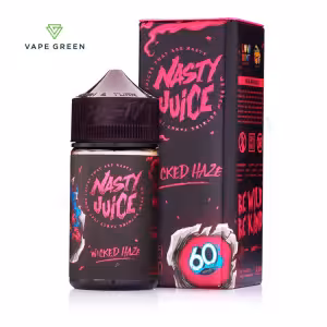 Wicked Haze Shortfill E-Liquid by Nasty Juice 50ml - Black and pink e-liquid bottle and box, "Wicked Haze" branding.